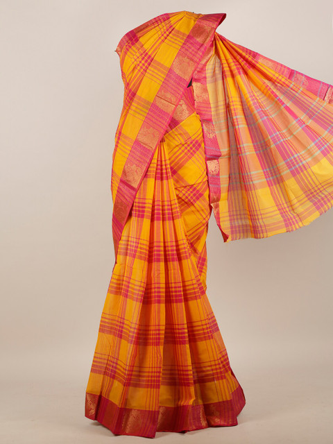 

Pothys Yellow & Pink Checked Zari Pure Cotton Saree