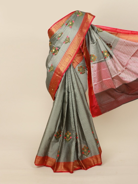 

Pothys Grey & Green Floral Jute Cotton Saree