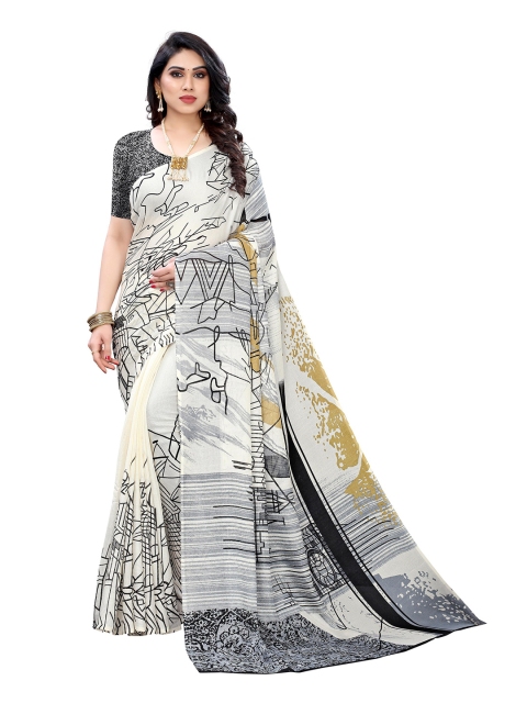 

KALINI Black & White Printed Pure Linen Saree