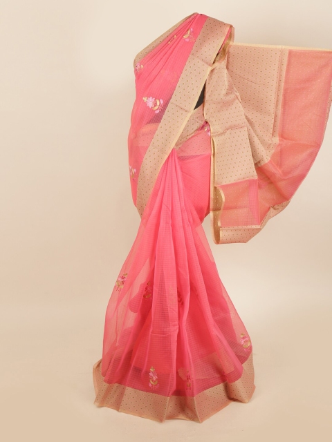 

Pothys Pink & Green Floral Supernet Saree