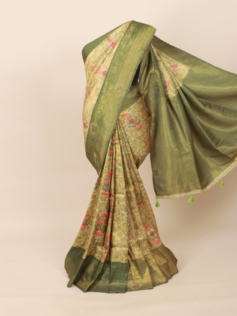 

Pothys Green & Pink Floral Beads and Stones Silk Blend Saree