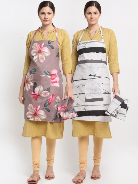 

NEUDIS Set Of 2 White & Grey Printed 210TC Apron With Front Centre Pocket & Napkins
