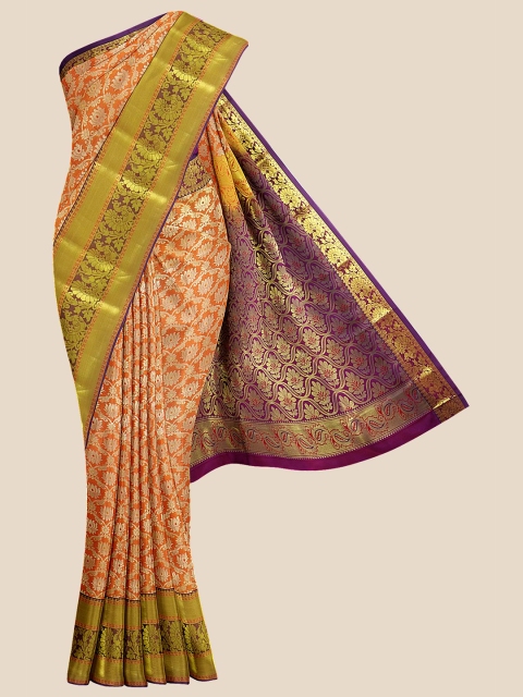 

Kalamandir Orange & Golden Floral Silk Blend Kanjeevaram Saree