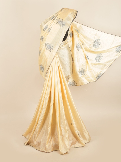 

Pothys Cream-Coloured & Grey Floral Zardozi Jute Silk Saree