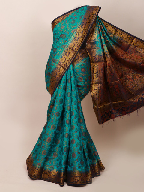 

Pothys Teal Blue & Gold-Toned Floral Zari Art Silk Saree
