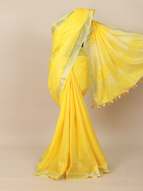 

Pothys Yellow & Gold-Toned Embellished Mirror Work Linen Blend Saree