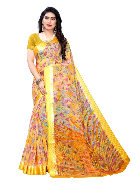 

KALINI Yellow & Pink Floral Pure Linen Saree