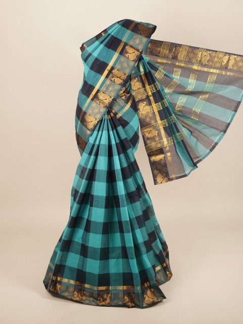 

Pothys Turquoise Blue & Navy Blue Checked Zari Pure Cotton Saree