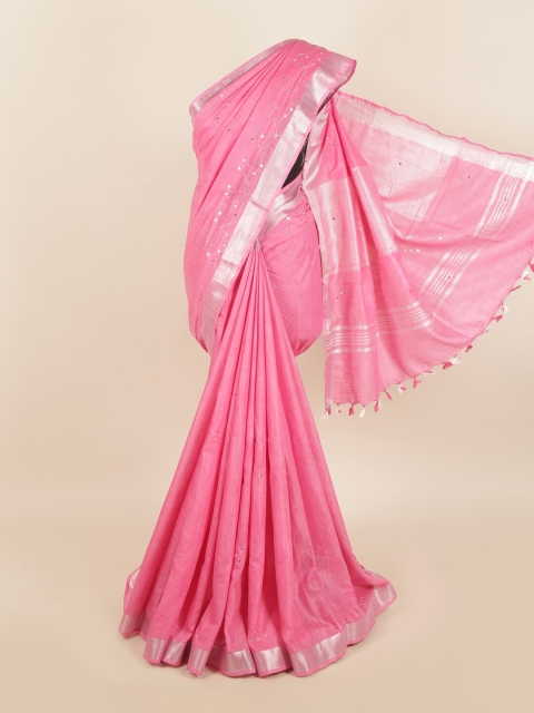 

Pothys Women Pink & Silver Linen Blend Mirror Worked Saree