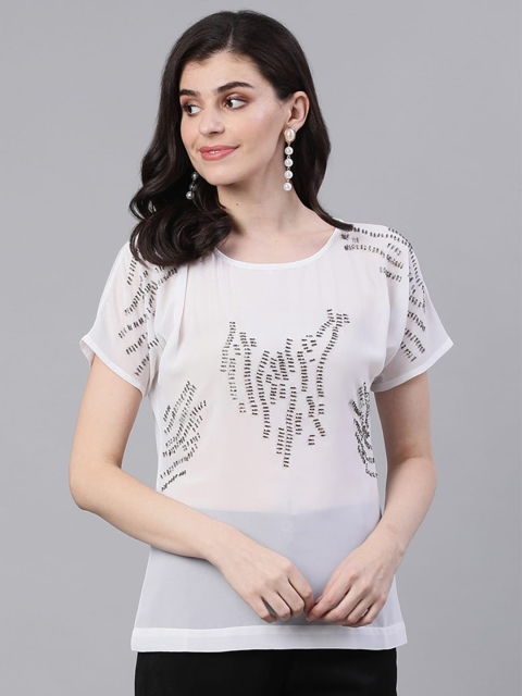 

Ishin White Embellished Extended Sleeves Crepe Regular Top