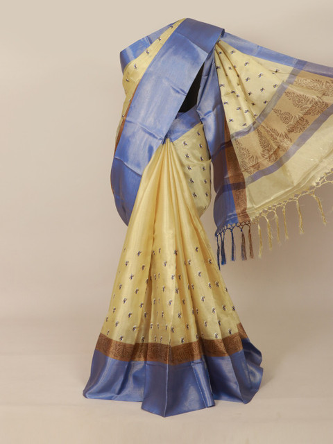 

Pothys Cream-Coloured & Blue Woven Design Tissue Saree