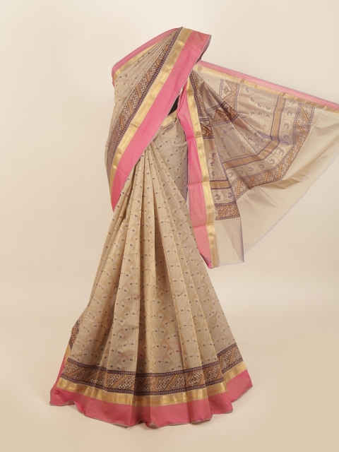 

Pothys Cream-Coloured & Gold-Toned Floral Zari Silk Cotton Saree