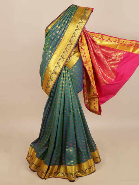 

Pothys Turquoise Blue & Pink Woven Design Silk Blend Saree