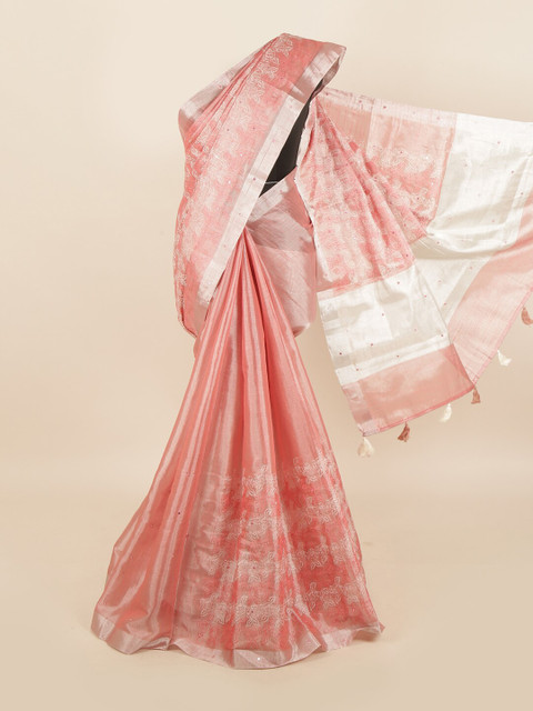 

Pothys Pink & Silver-Toned Floral Zari Tissue Saree