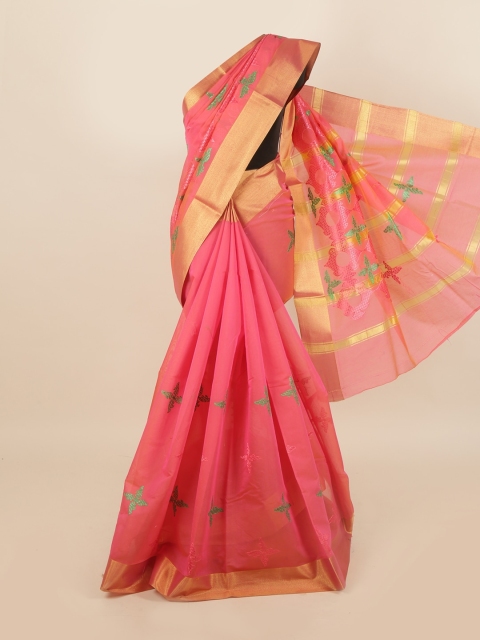 

Pothys Pink & Green Floral Zari Silk Cotton Saree