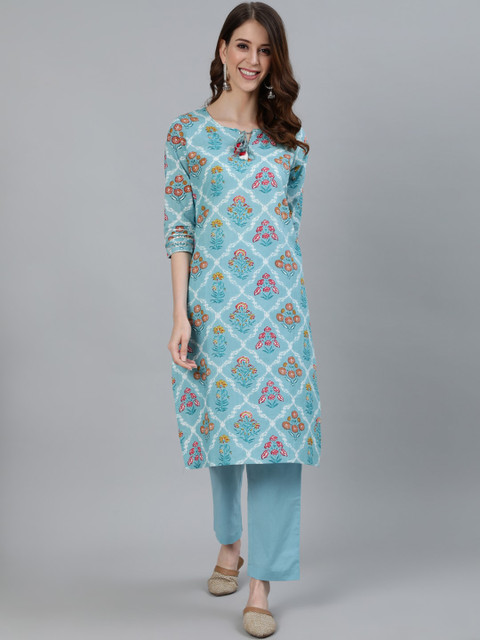 

Ishin Women Blue Ethnic Motifs Printed Panelled Pure Cotton Kurti with Trousers