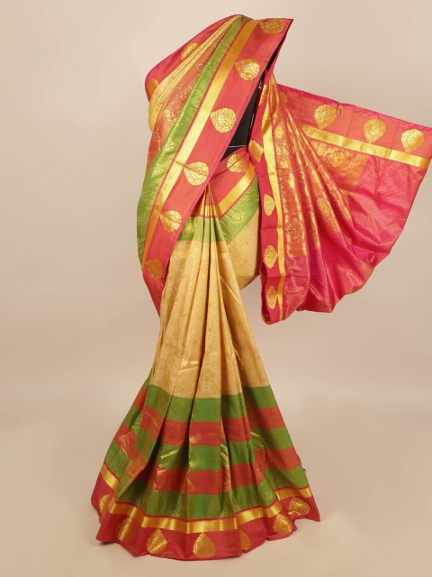 

Pothys Cream-Coloured & Green Woven Design Zari Silk Blend Saree
