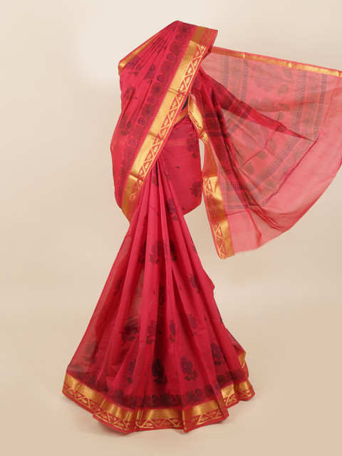 

Pothys Magenta & Gold-Toned Floral Zari Silk Cotton Saree