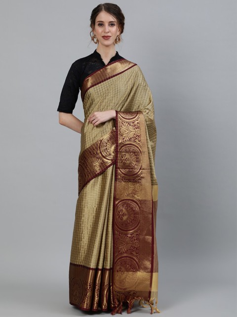 

KALINI Beige & Brown Checked Zari Art Silk Banarasi Saree
