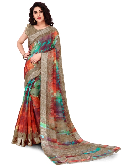 

KALINI Orange & Red Checked Designer Saree