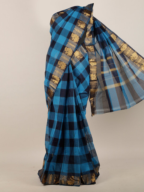 

Pothys Blue & Black Checked Zari Pure Cotton Saree