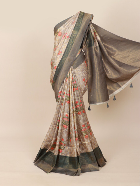 

Pothys Cream-Coloured & Grey Floral Beads and Stones Silk Blend Saree