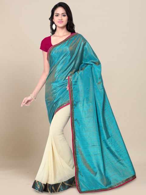

Kvsfab Teal & Cream-Coloured Beads and Stones Half and Half Saree