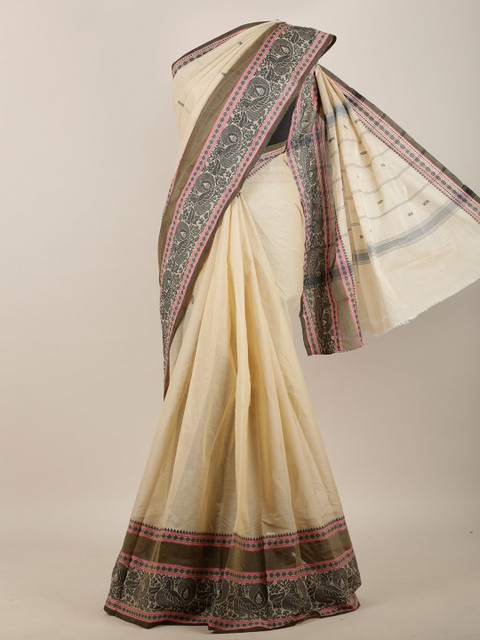 

Pothys Cream-Coloured & Pink Pure Cotton Saree