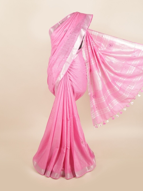 

Pothys Pink & Silver-Toned Ethnic Motifs Mirror Work Linen Blend Saree