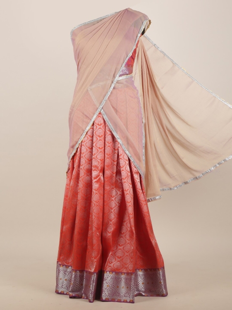 

Pothys Cream-Coloured & Orange Woven Design Half Saree