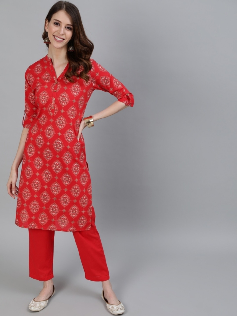 

Ishin Women Red Ethnic Motifs Printed Pure Cotton Kurta with Trousers