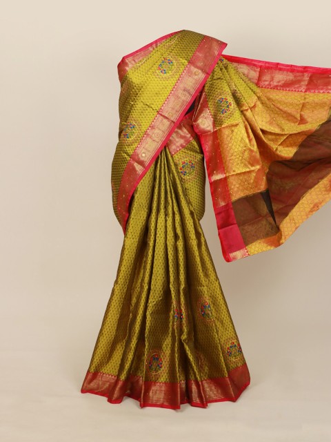 

Pothys Green & Pink Ethnic Motifs Embroidered Jute Cotton Saree