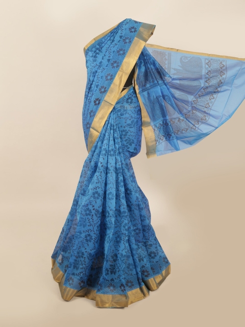 

Pothys Blue & Gold-Toned Floral Zari Silk Cotton Saree