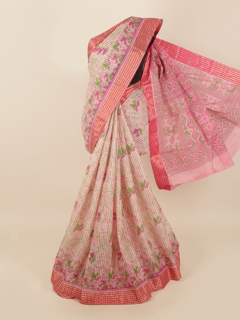 

Pothys Cream-Coloured & Pink Cotton Blend Floral Zari Saree