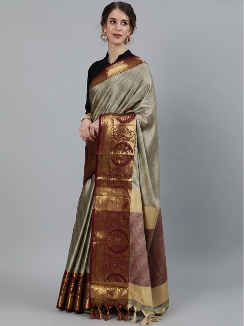 KALINI Grey & Maroon Woven Design Art Silk Banarasi Saree