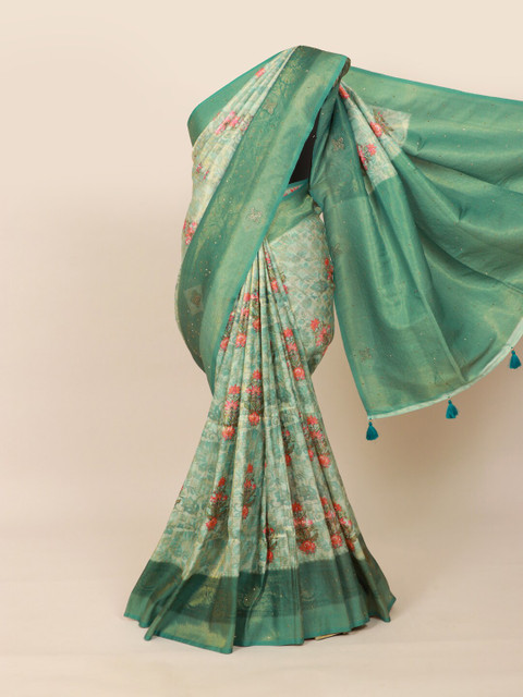

Pothys Green & Pink Floral Beads and Stones Silk Blend Saree