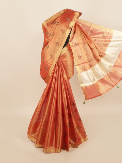 

Pothys Orange & Green Embroidered Beads and Stones Tissue Saree