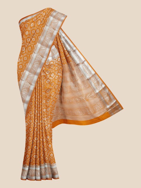 

Kalamandir Orange & Silver Ethnic Motifs Silk Blend Kanjeevaram Saree