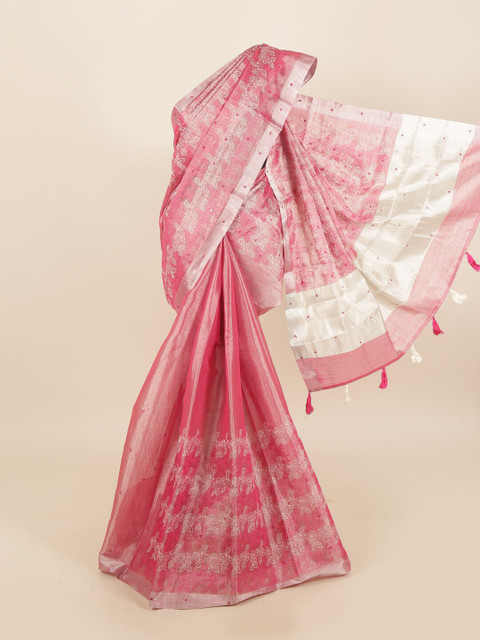 

Pothys Pink & Silver Coloured Floral Embroidered Mirror Work Tissue Saree