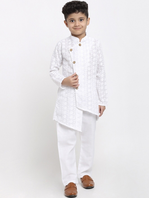 

TREEMODA Boys White Floral Angrakha Chikankari Pure Cotton Kurta with Pyjamas