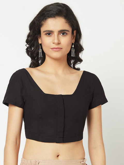 

Fabindia Women Black Solid Cotton Woven Saree Blouse