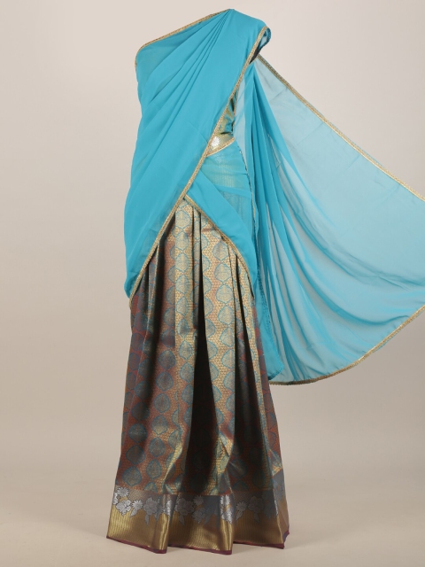 

Pothys Blue & Brown Floral Zari Half and Half Saree