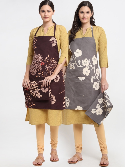 

NEUDIS Pack Of 2 Brown & Grey Printed 210 TC Apron With Napkin