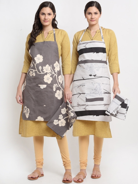 

NEUDIS Set Of 2 Grey & White Printed 210TC Apron With Front Centre Pocket & Napkins