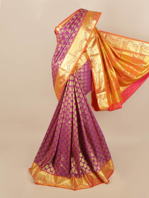 

Pothys Magenta & Orange Floral Zari Silk Blend Saree