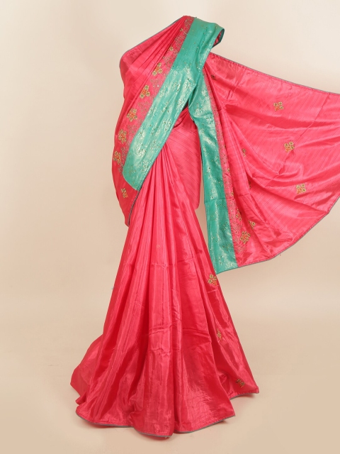 

Pothys Pink & Sea Green Floral Beads and Stones Jute Silk Saree