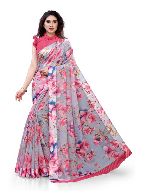 

KALINI Grey & Pink Floral Zari Bagh Saree