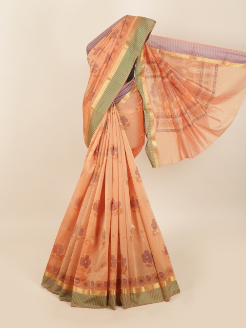 

Pothys Peach-Coloured & Green Floral Silk Cotton Saree