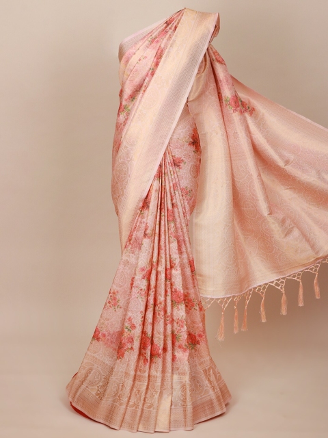 

Pothys Peach-Coloured & Gold-Toned Floral Zari Art Silk Banarasi Saree