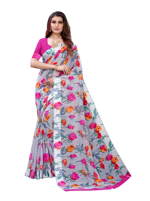 

KALINI Grey & Pink Floral Printed Pure Linen Saree